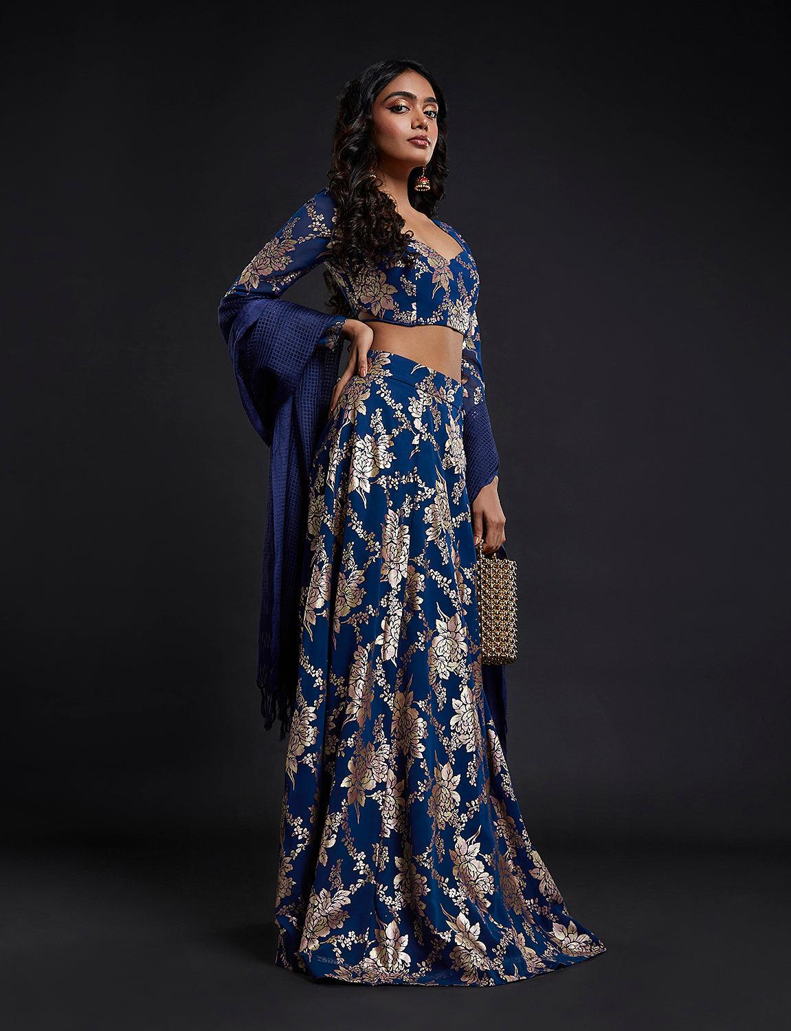 Navy Backless Vark Lehenga Set - QUERATED