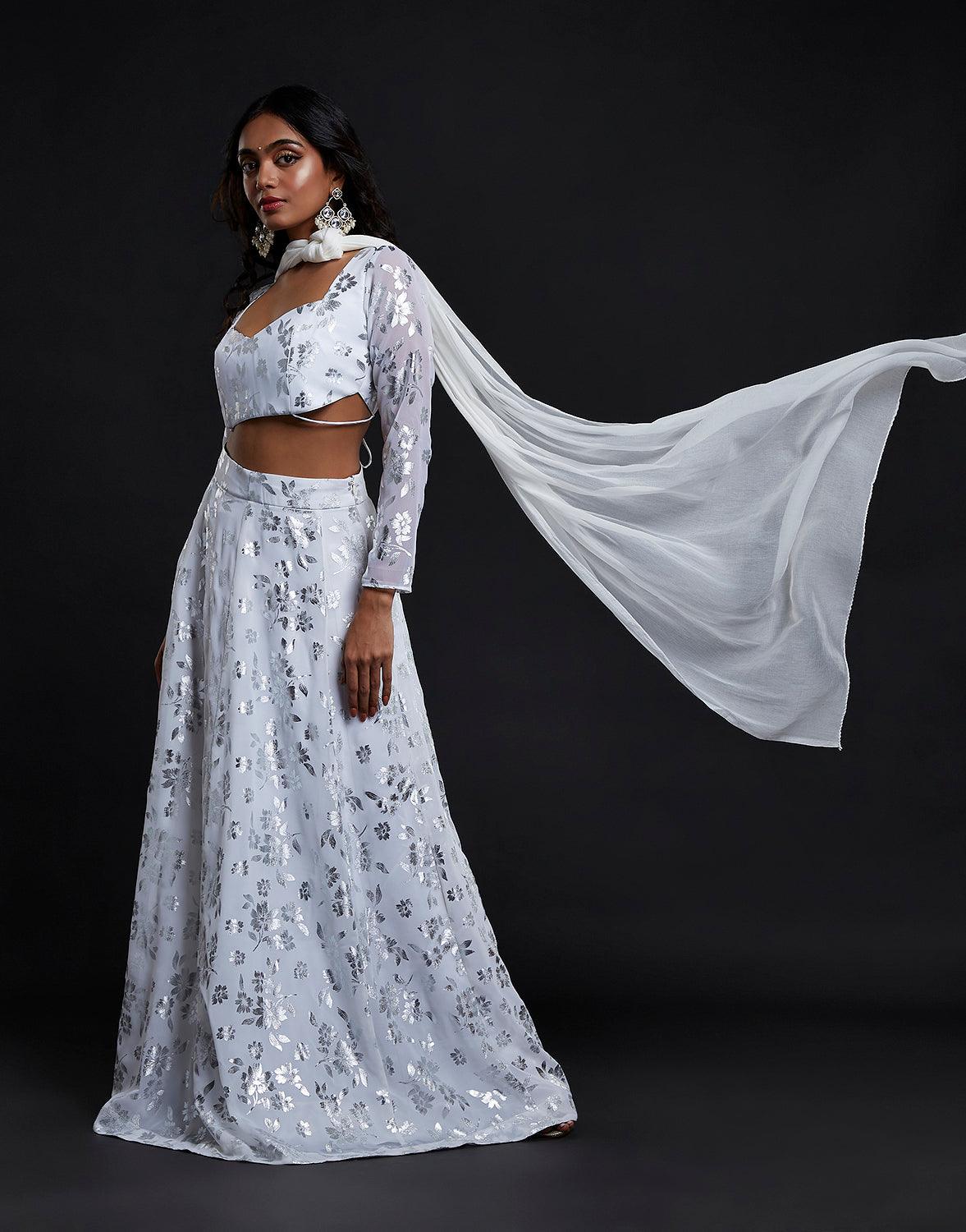 White Backless Chandi Lehenga Set - QUERATED