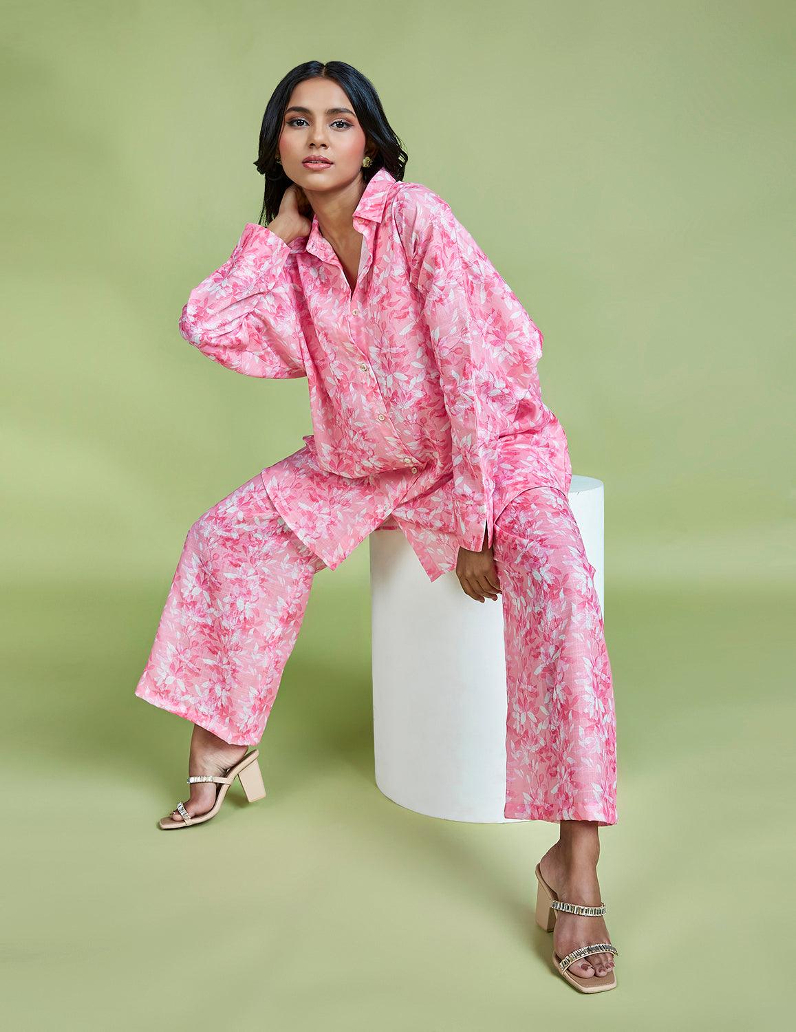 Pink Cotton Linen Floral Printed Oversized Shirt - QUERATED