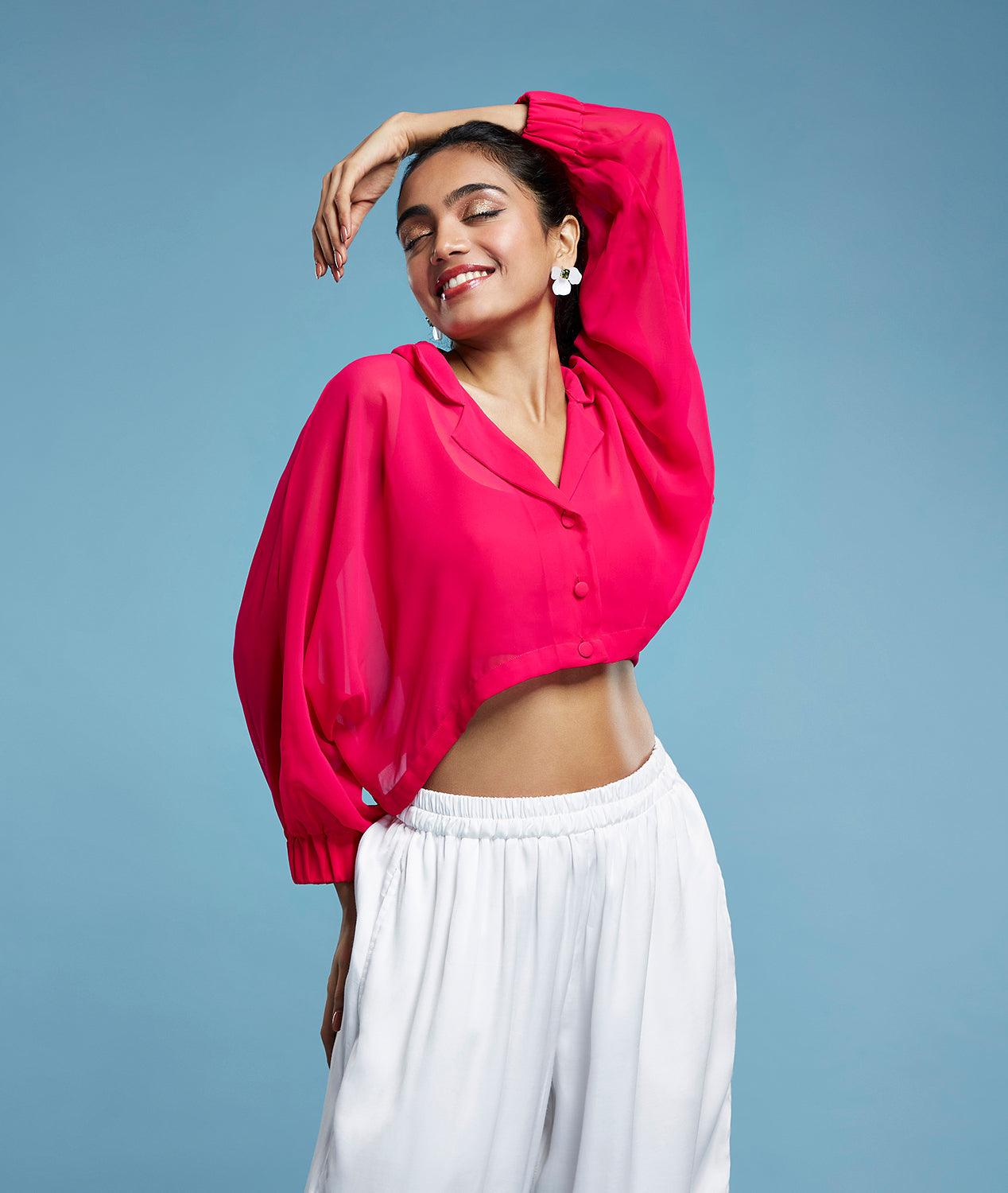 Pink Georgette Oversized Cropped Shirt - QUERATED