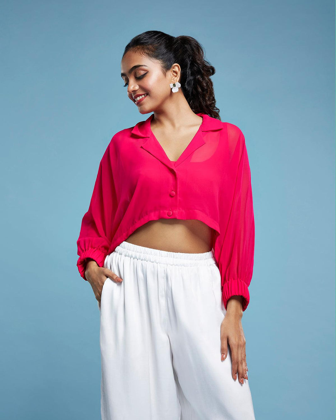 Pink Georgette Oversized Cropped Shirt