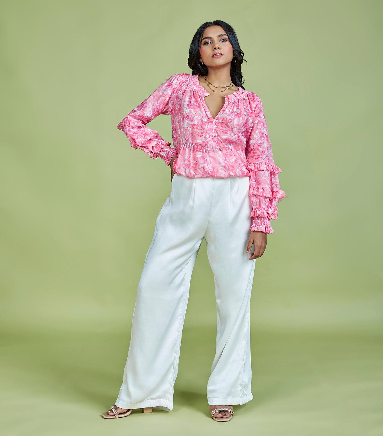 Pink Cotton Linen Floral Printed Top - QUERATED