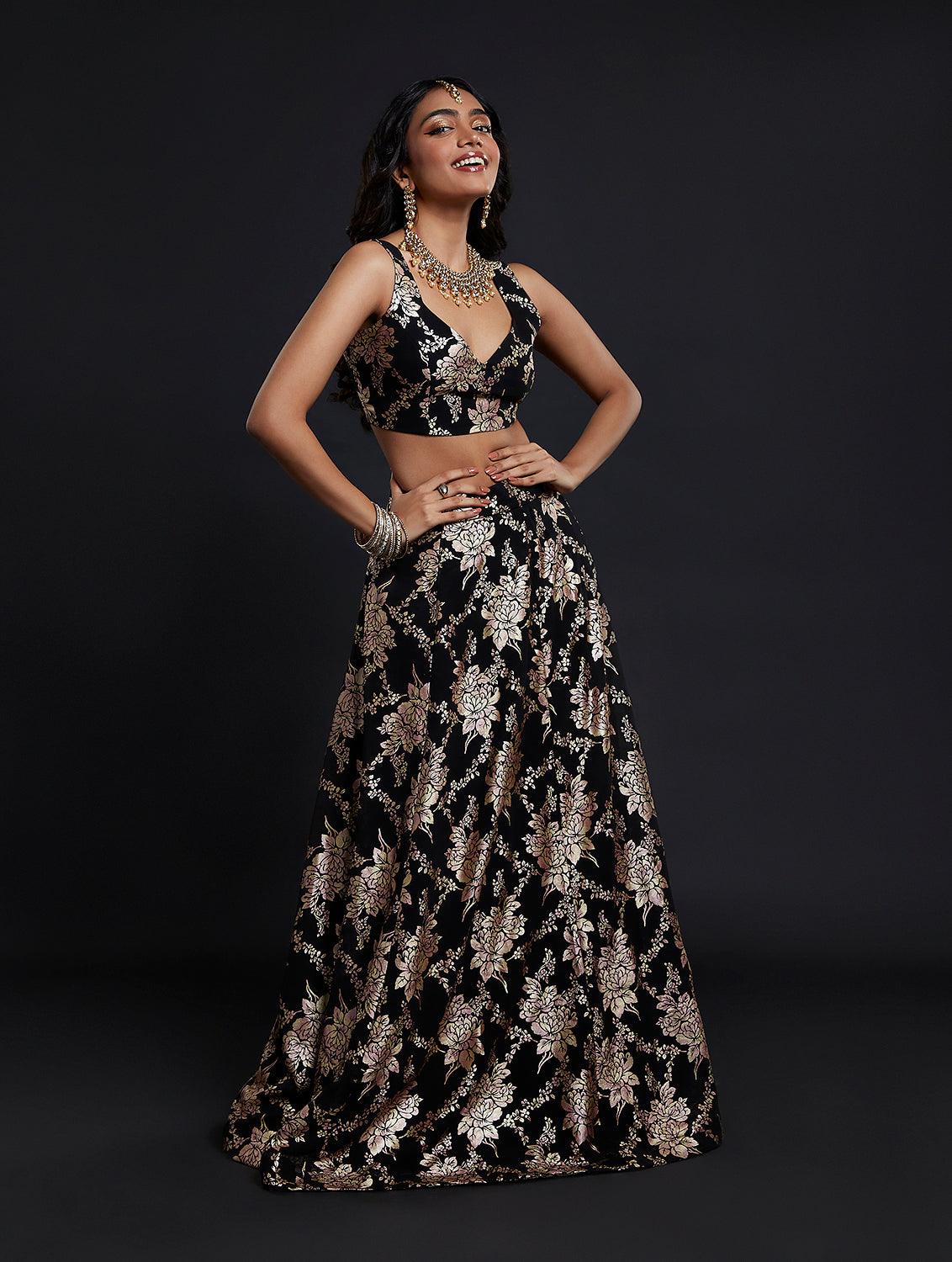 Black Vark Sleeveless Lehenga Set - QUERATED