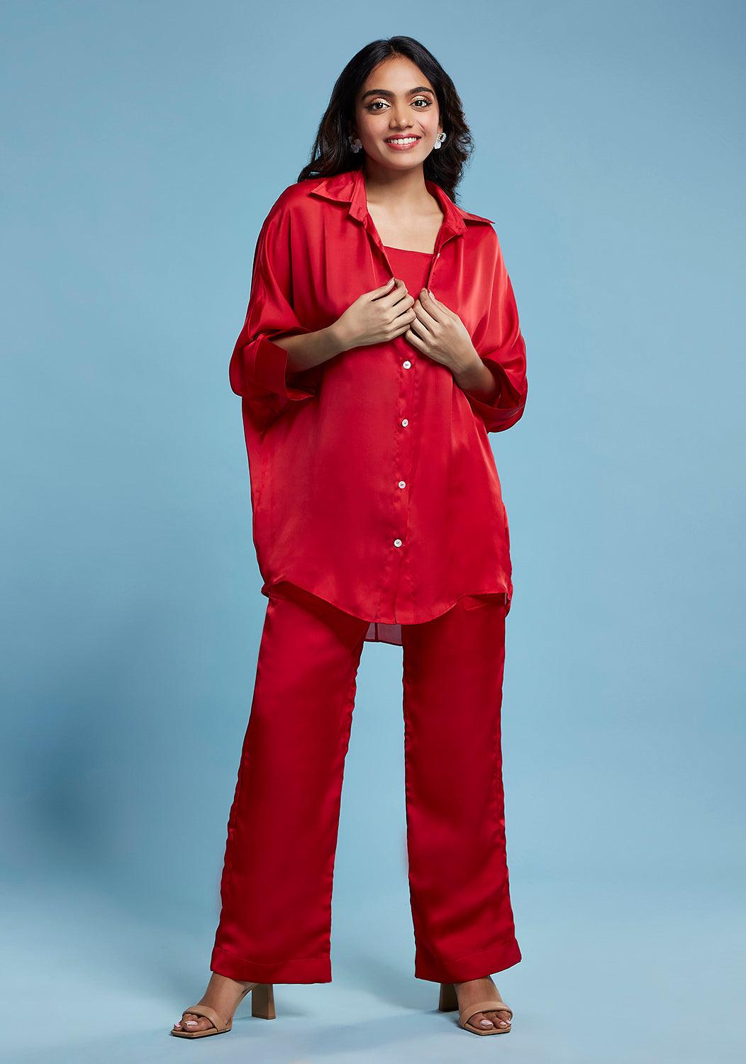 Maroon Satin Georgette Oversized Shirt - QUERATED