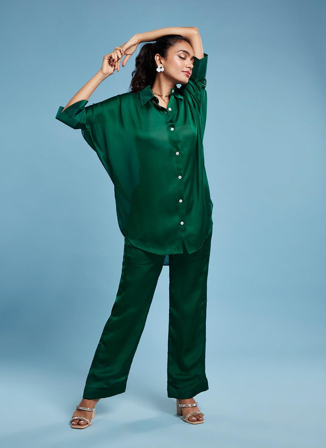 Green Satin Georgette Oversized Shirt - QUERATED