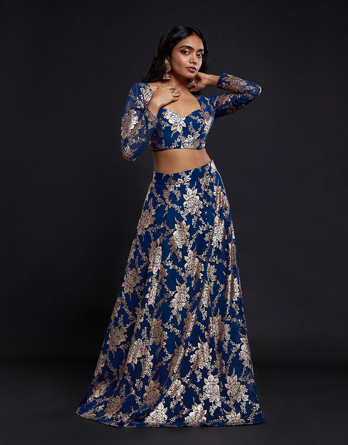 Navy Backless Vark Lehenga Set - QUERATED