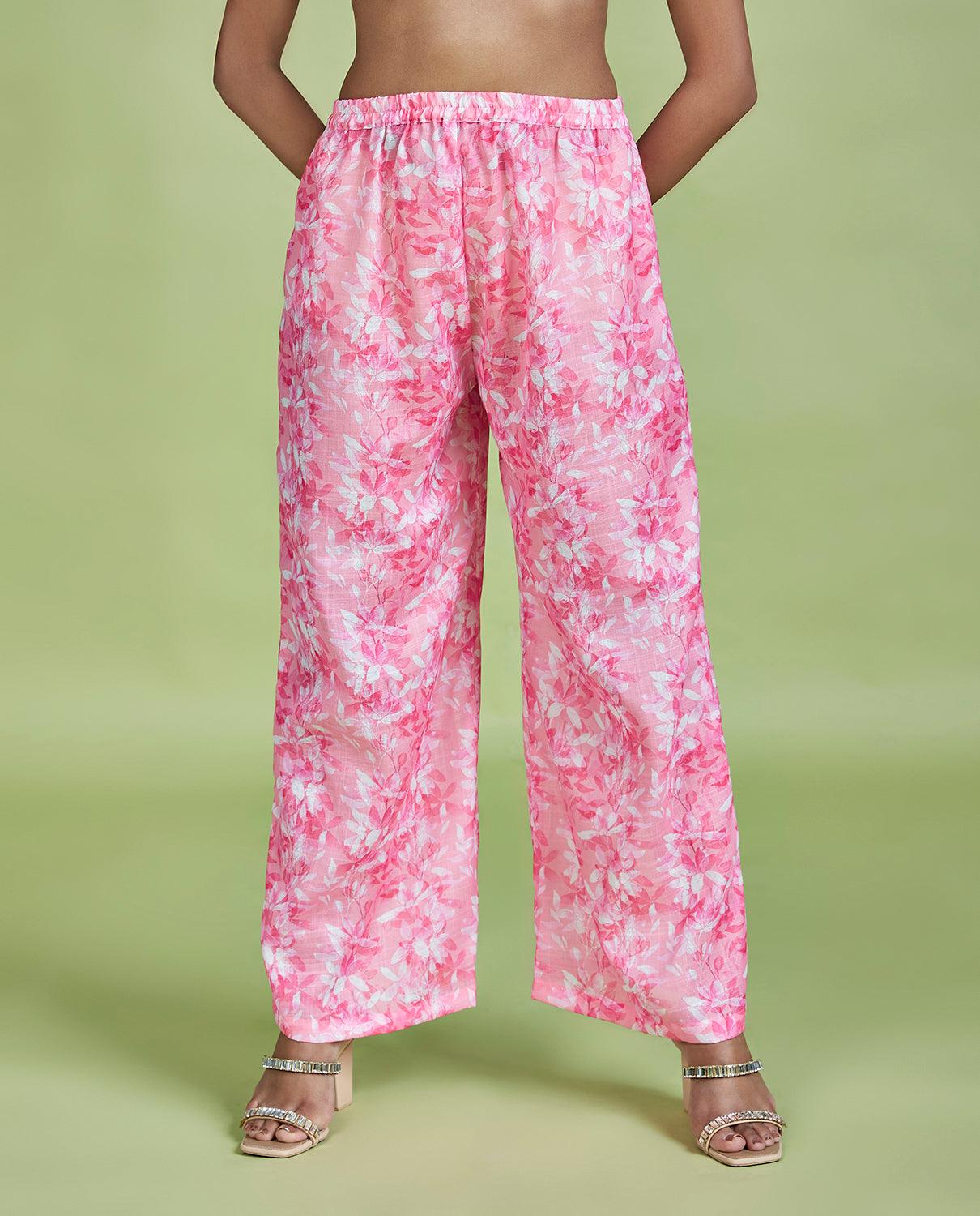 Pink Cotton Linen Floral Printed Palazzo Pants