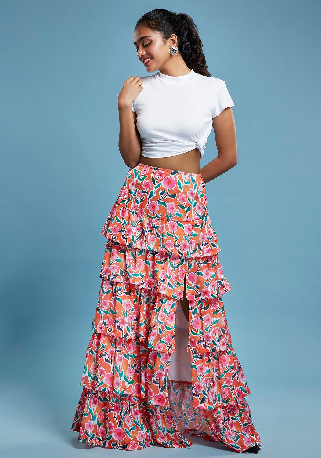 Floral Printed Tiered Maxi Skirt - QUERATED