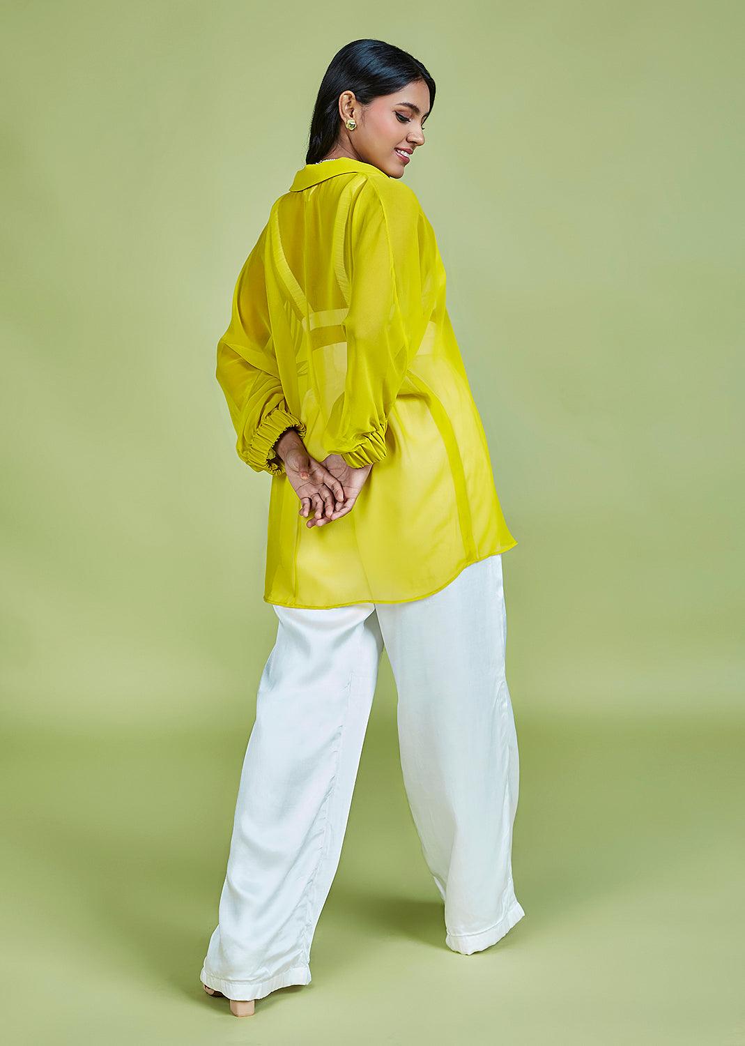 Lime Green Georgette Oversized Shirt - QUERATED