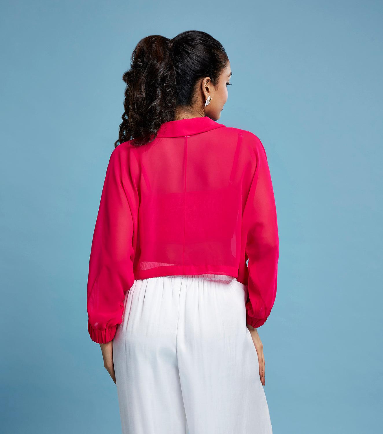 Pink Georgette Oversized Cropped Shirt - QUERATED