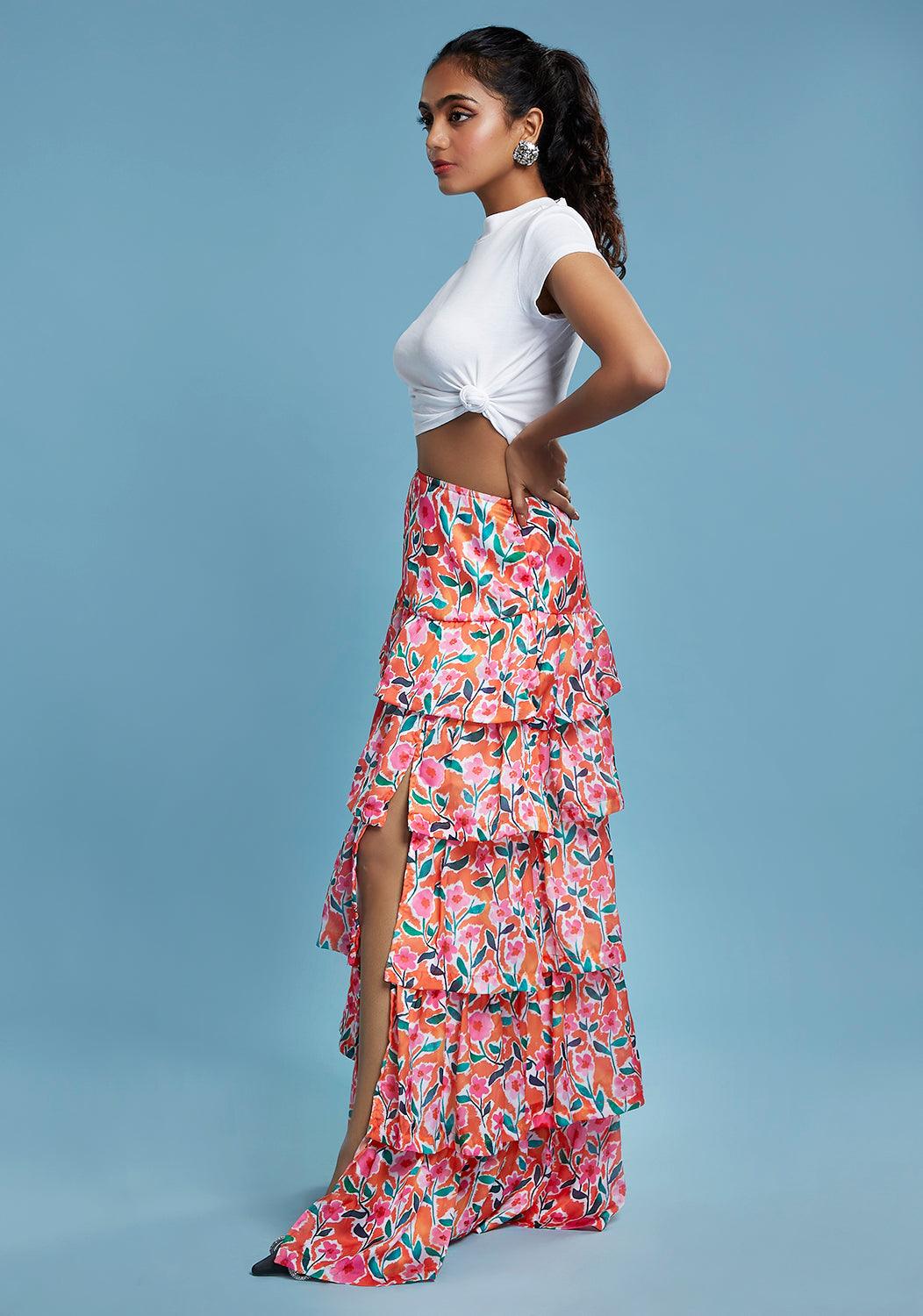 Floral Printed Tiered Maxi Skirt - QUERATED