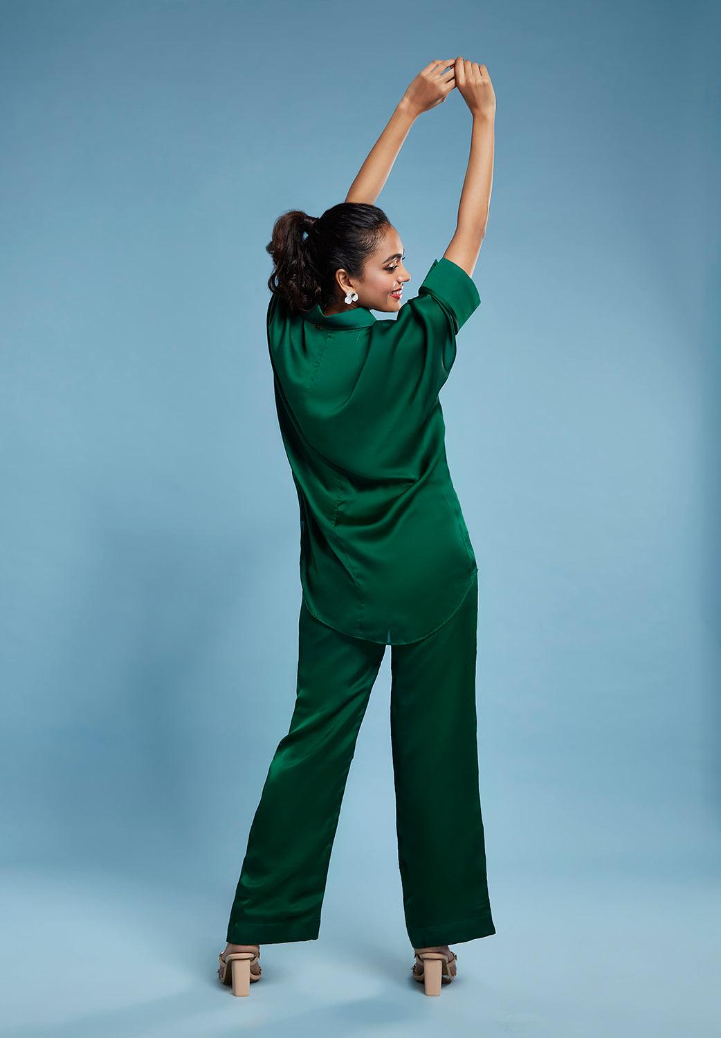 Green Satin Georgette Oversized Shirt - QUERATED