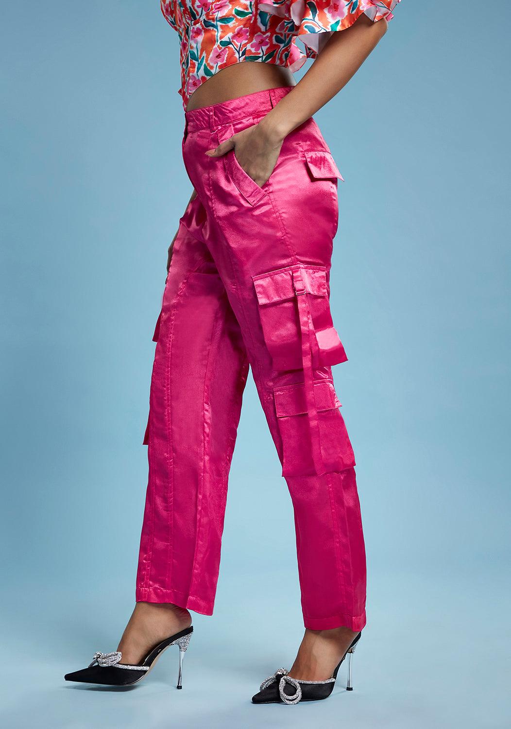 Pink Satin Cargo Pants