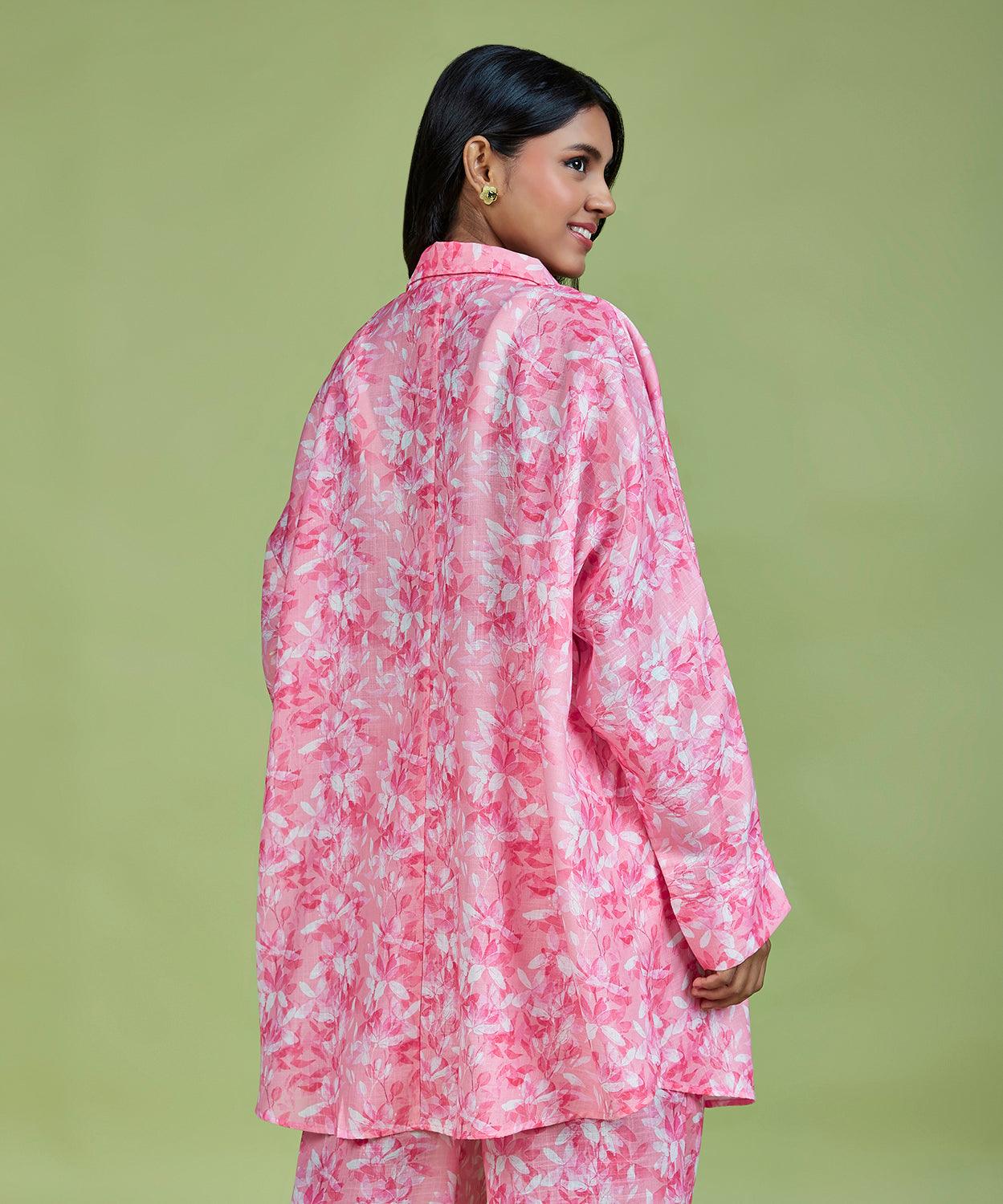 Pink Cotton Linen Floral Printed Oversized Shirt - QUERATED