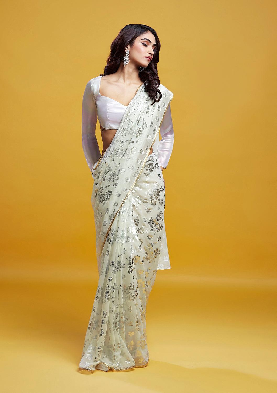 White & Silver Barfi Saree - QUERATED