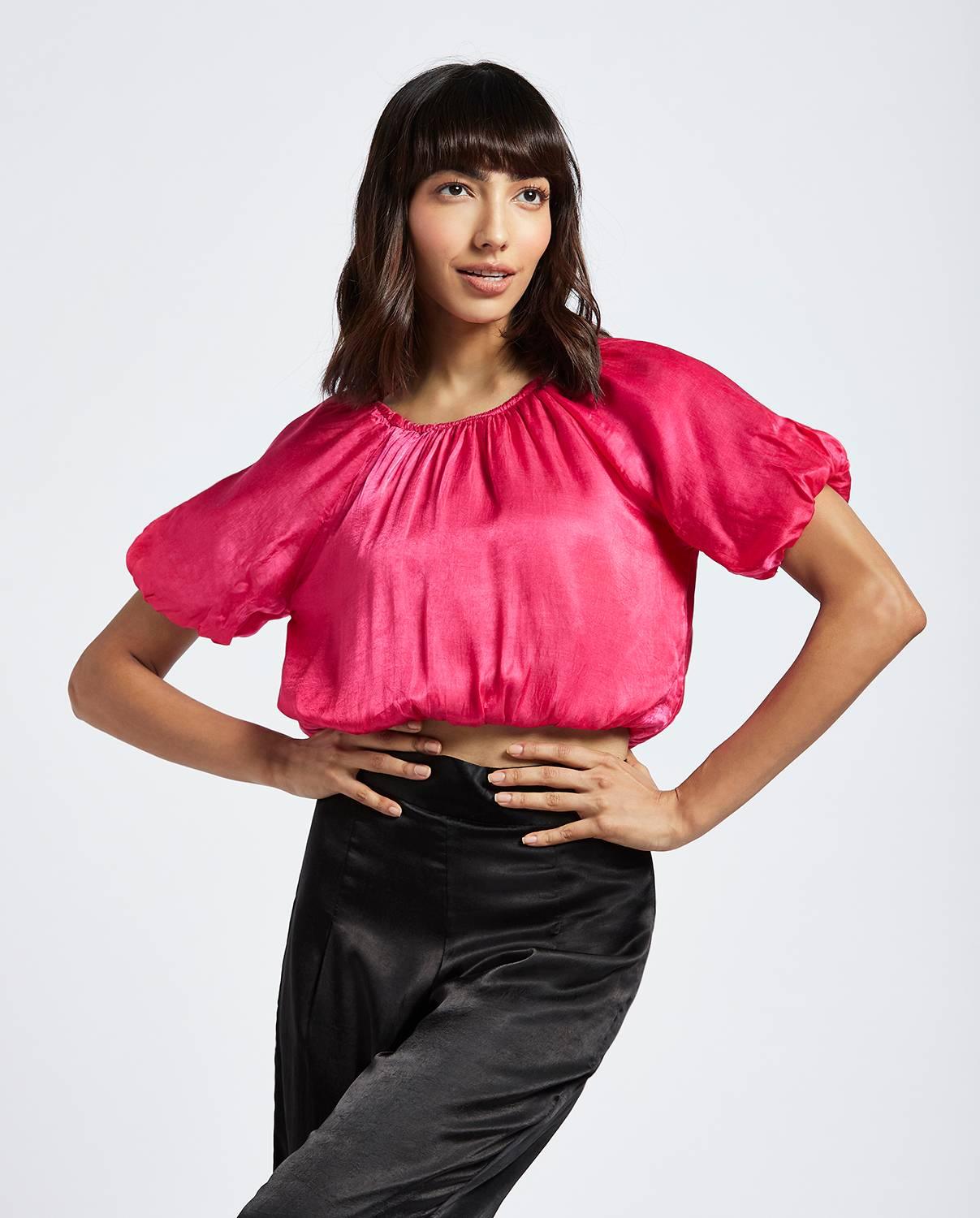 Telma Fuchsia Pink Bubble Sleeve Crop Top - QUERATED