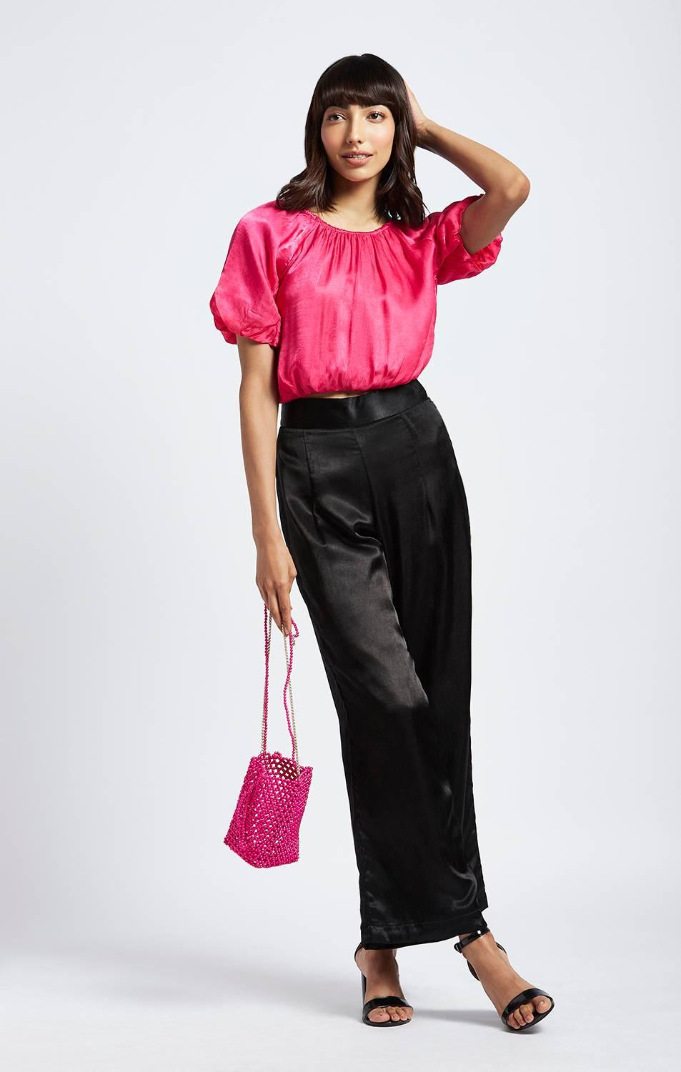 Telma Fuchsia Pink Bubble Sleeve Crop Top - QUERATED