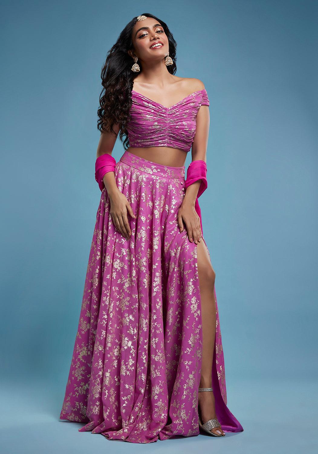 Purple Off-Shoulder Lehenga Set - QUERATED