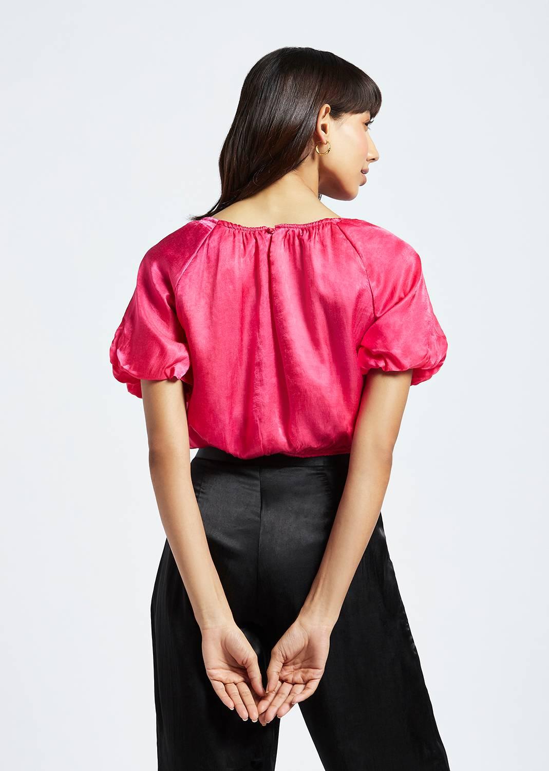 Telma Fuchsia Pink Bubble Sleeve Crop Top - QUERATED