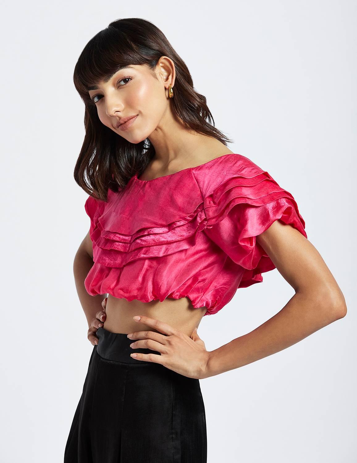 Estela Fuchsia Pink Layered Offshoulder Crop Top - QUERATED