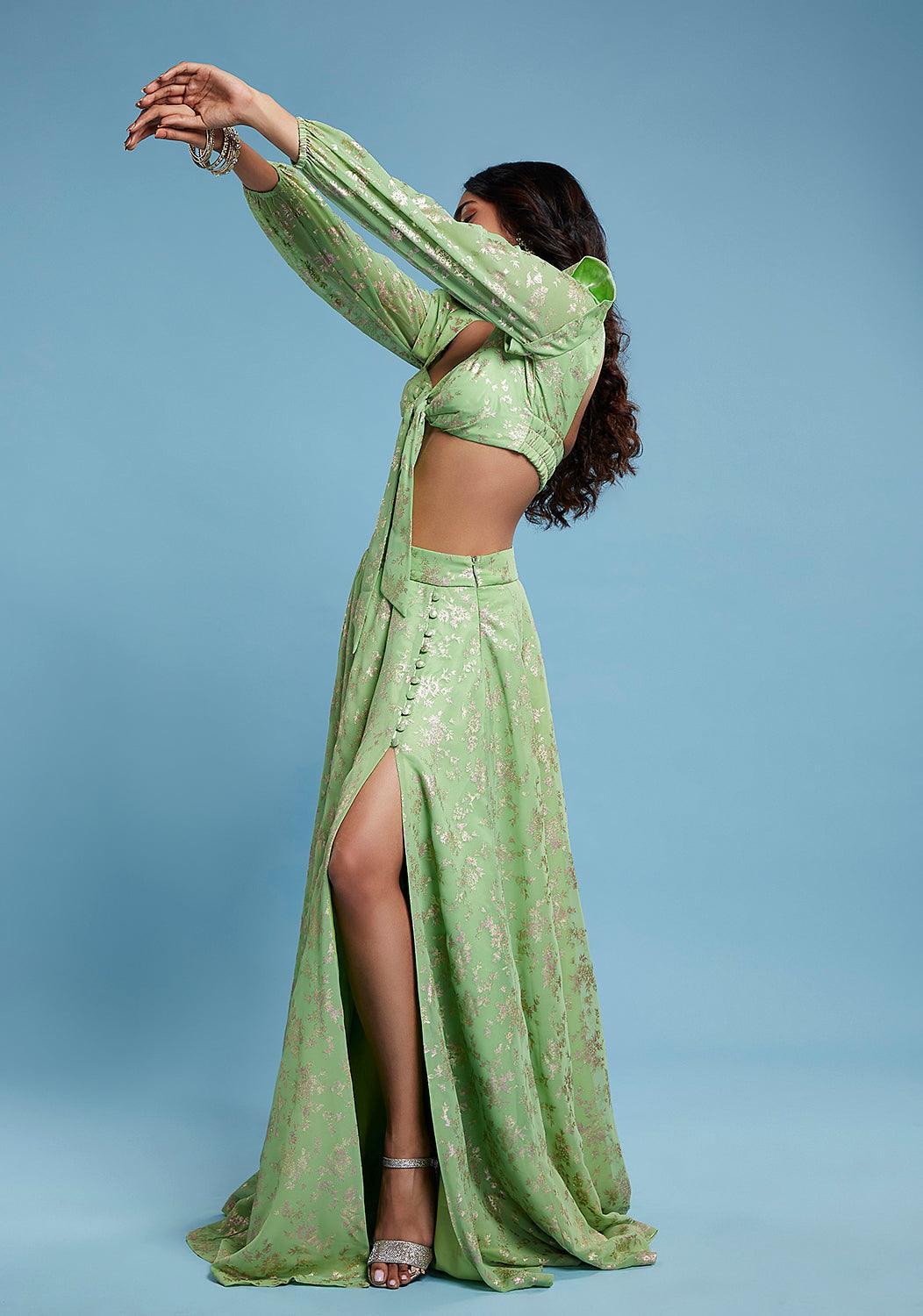 Lime Barfi Front Tie-Up Lehenga Set - QUERATED