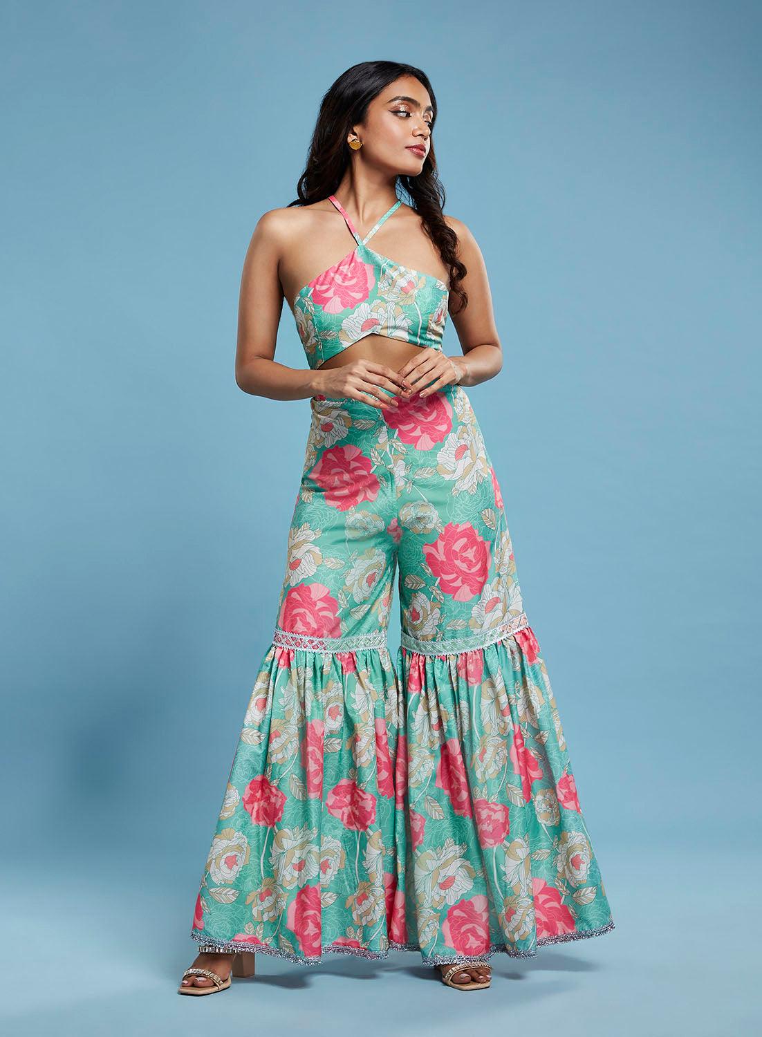 Floral Halter Top and Sharara Set - QUERATED