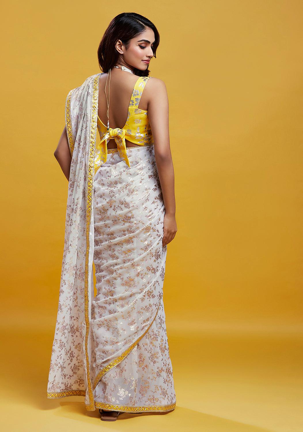 White & Gold Barfi Saree - QUERATED