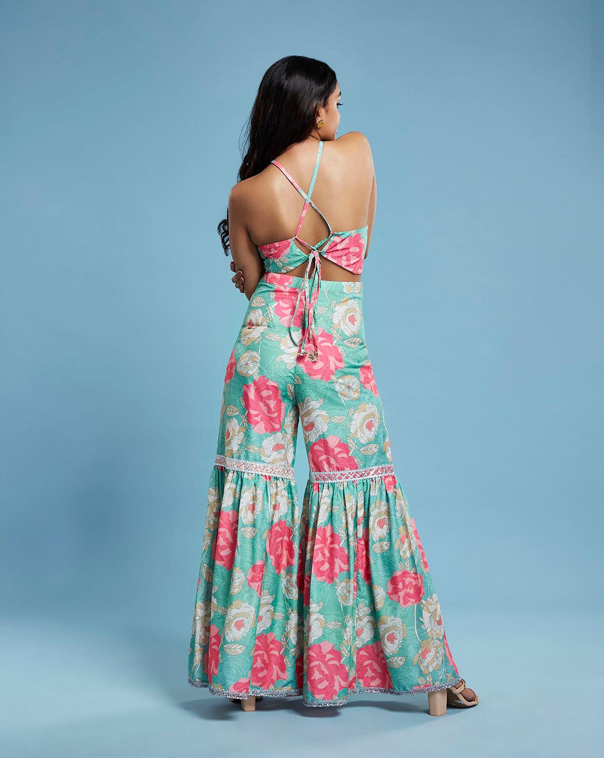 Floral Halter Top and Sharara Set - QUERATED