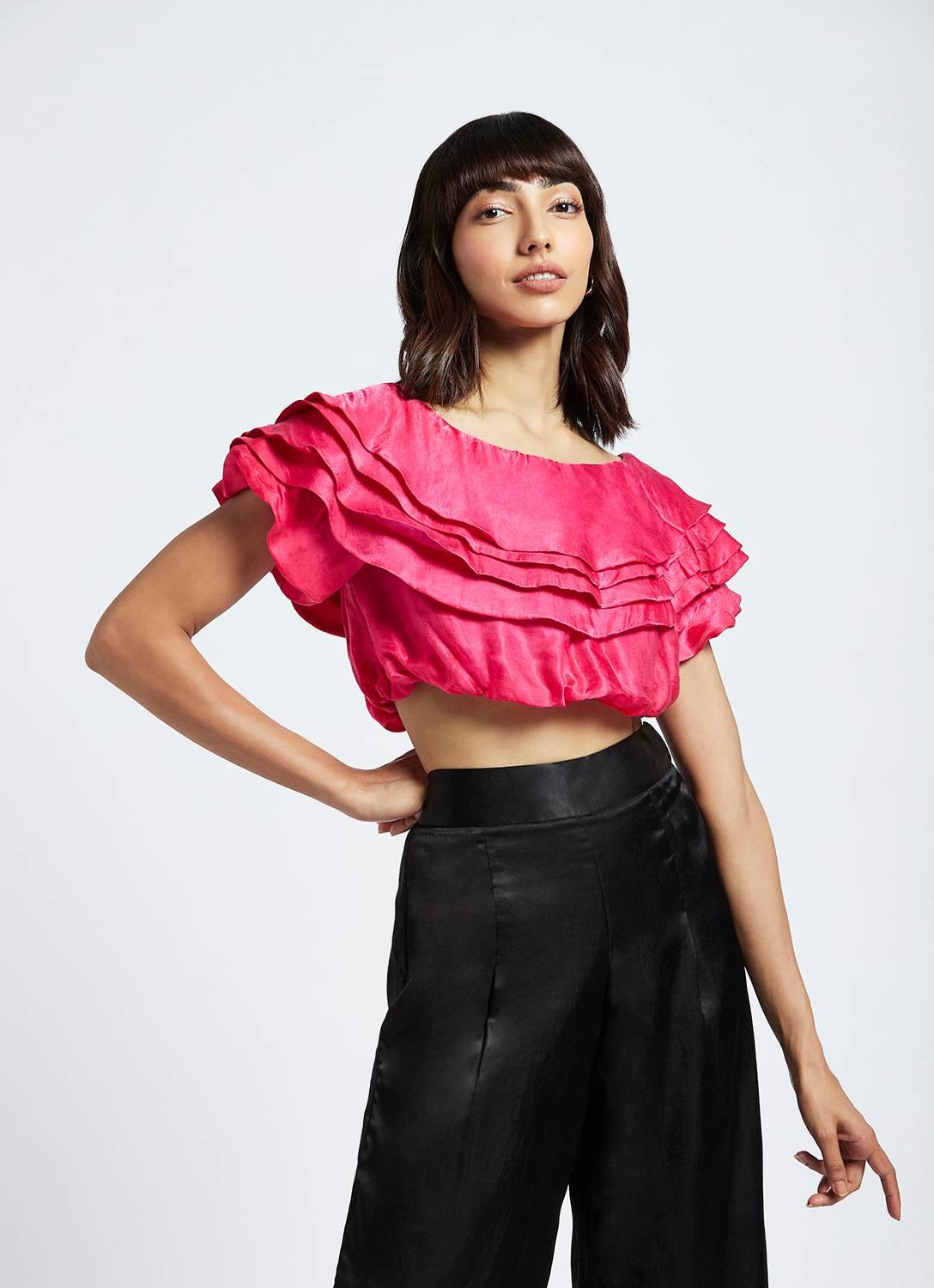 Estela Fuchsia Pink Layered Offshoulder Crop Top - QUERATED