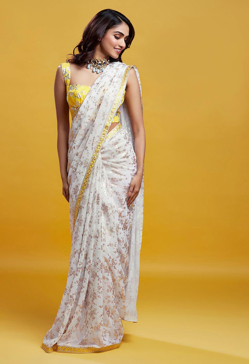 White & Gold Barfi Saree - QUERATED