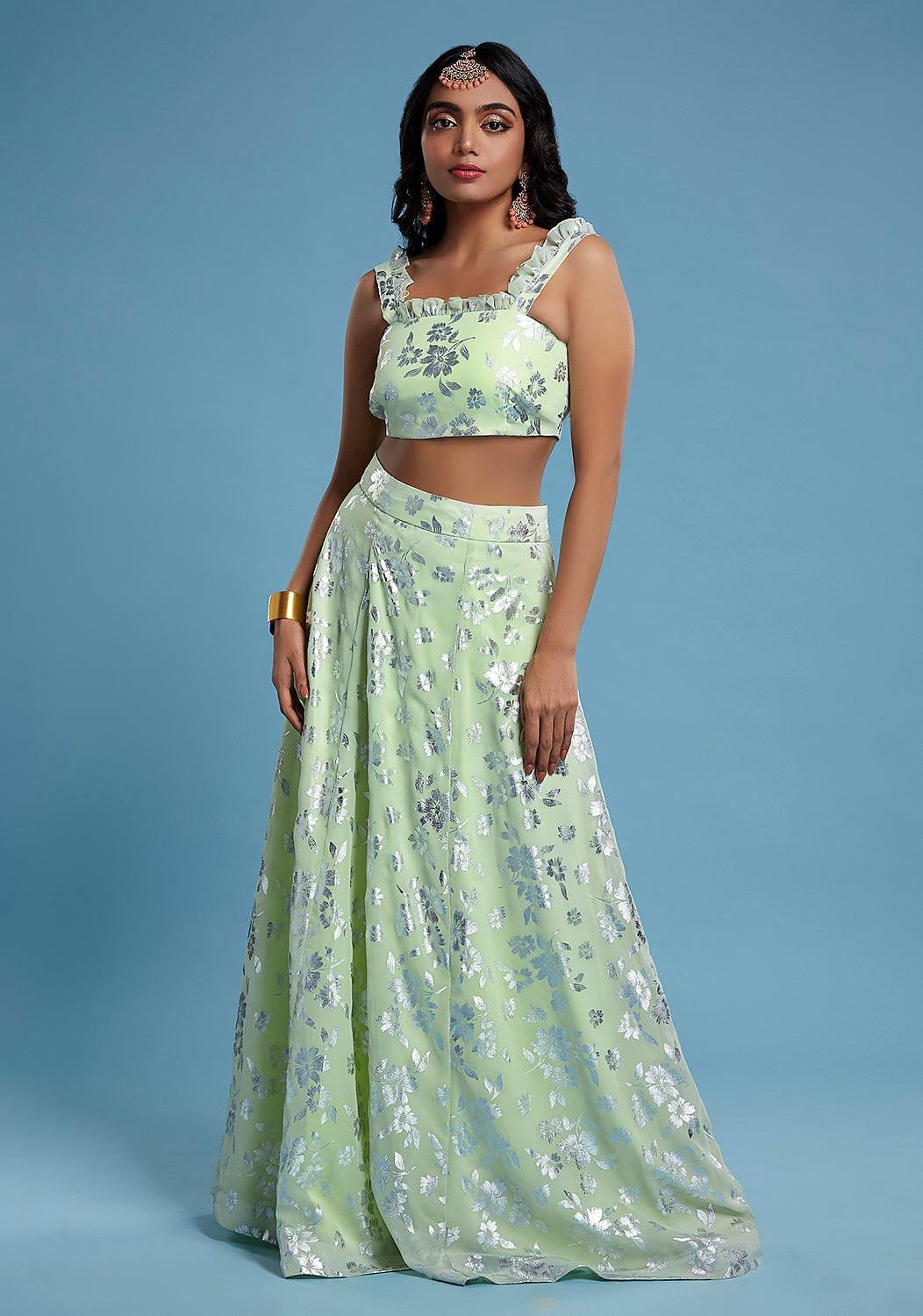 Pista Sleeveless Ruffle Lehenga Set - QUERATED