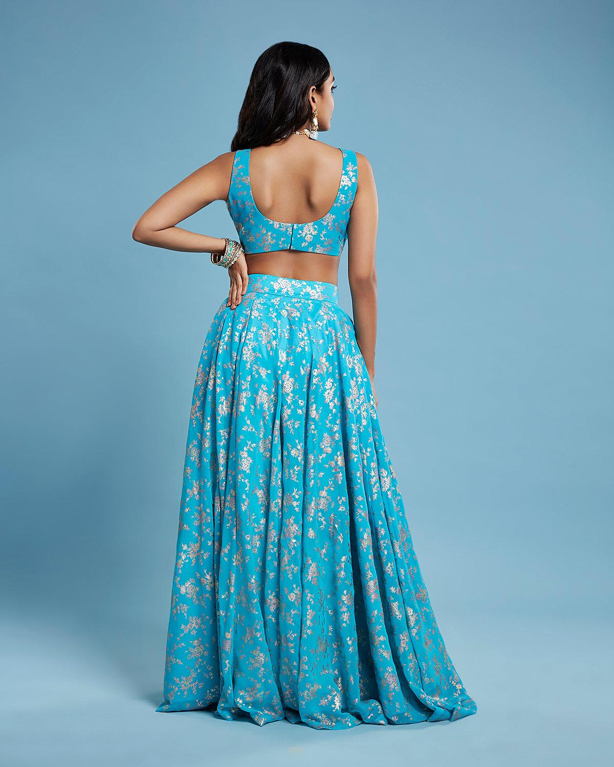 Turquoise Sleeveless Lehenga Set - QUERATED