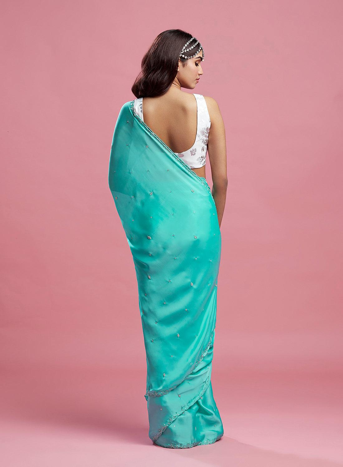 Turquoise Satin Saree - QUERATED