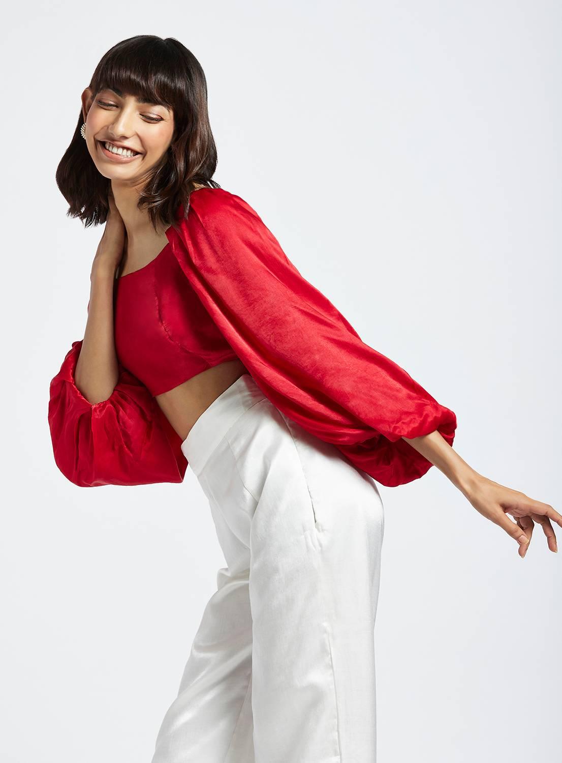 Bruna Scarlet Red Bubble Sleeve Crop Top - QUERATED