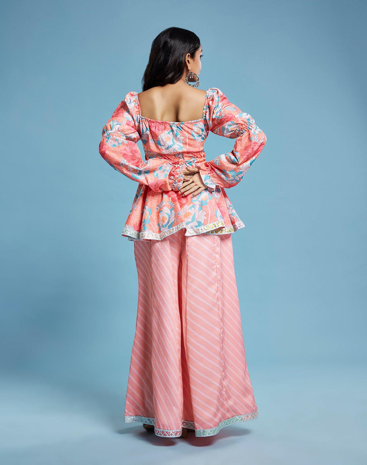 Floral Peplum and Leheriya Sharara Set - QUERATED