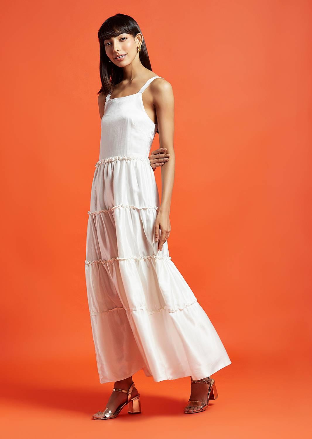 Lara Oyster White Tiered Maxi Dress - QUERATED