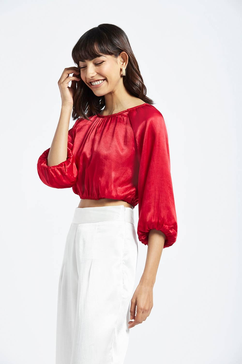 Diana Scarlet Red Bubble Sleeve Crop Top - QUERATED