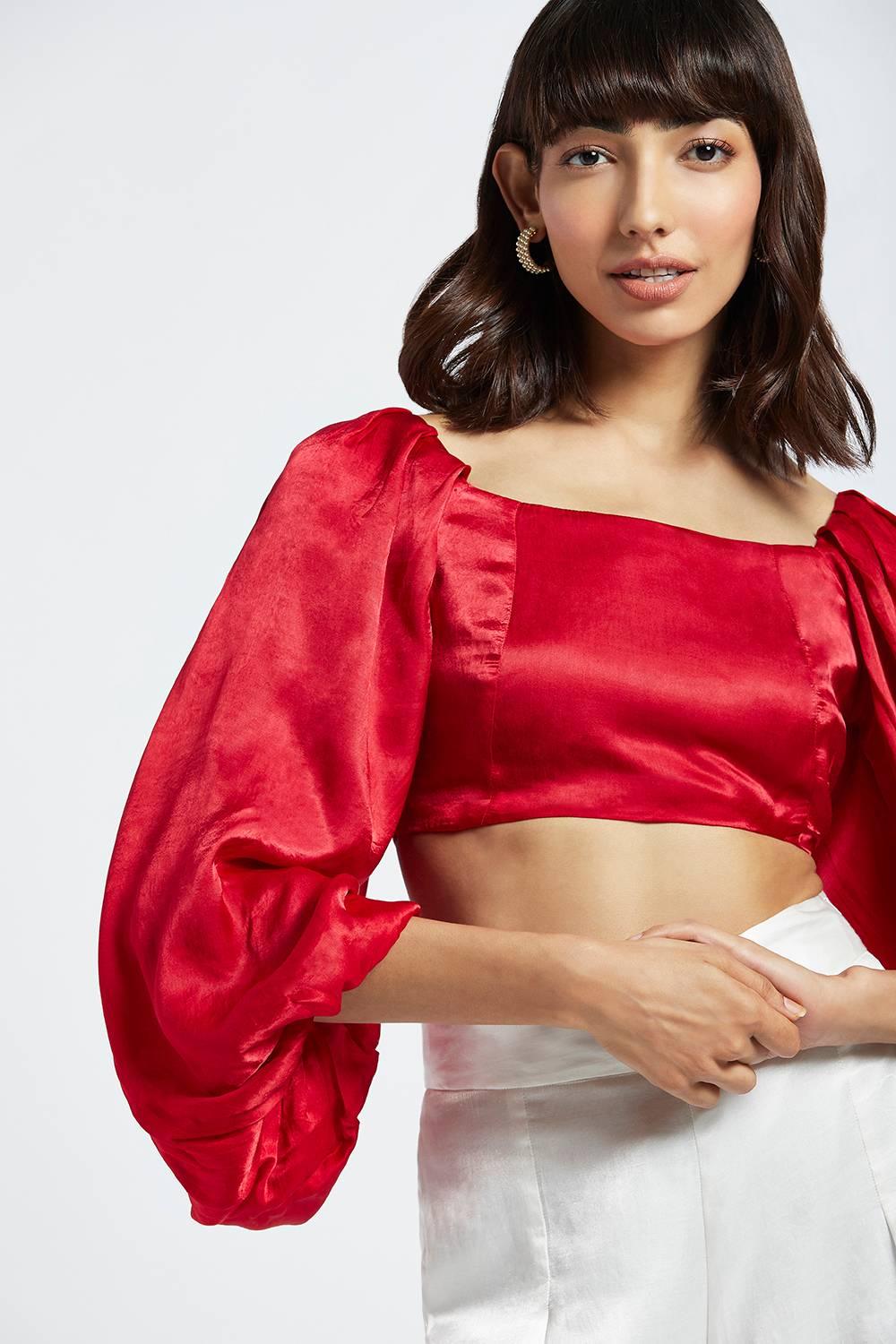 Bruna Scarlet Red Bubble Sleeve Crop Top - QUERATED