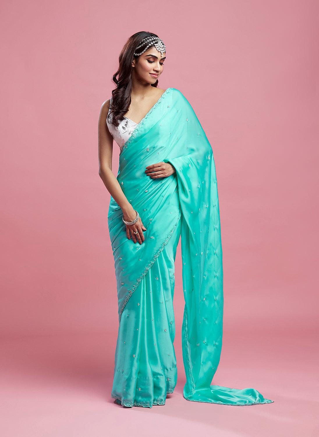 Turquoise Satin Saree - QUERATED