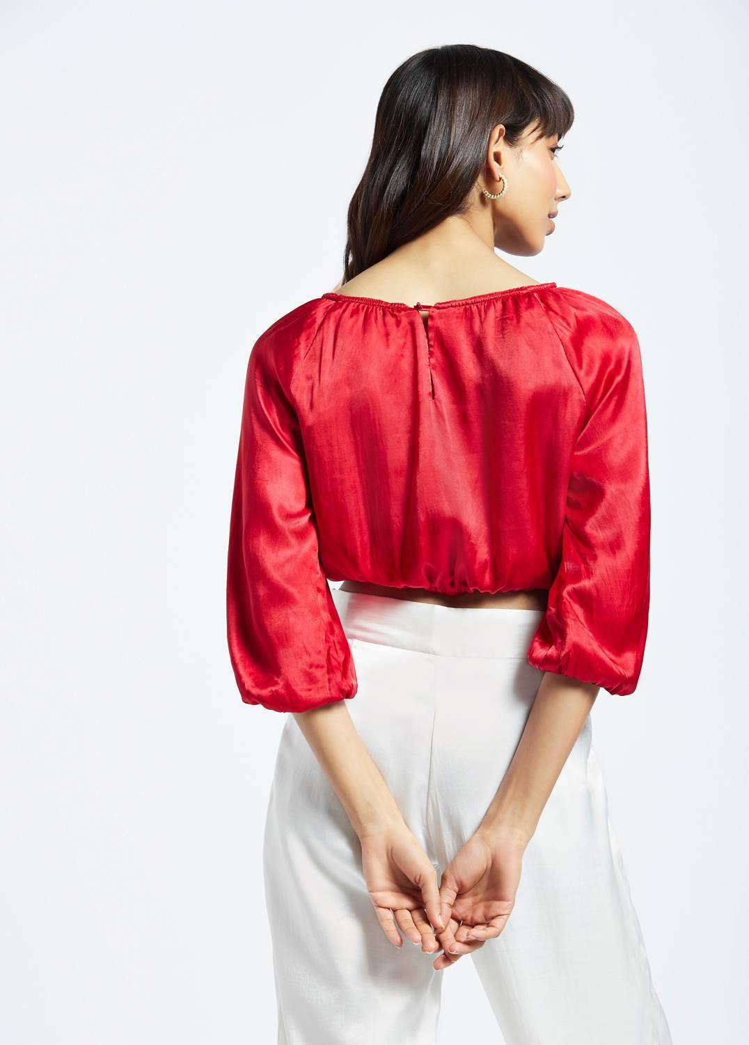 Diana Scarlet Red Bubble Sleeve Crop Top - QUERATED