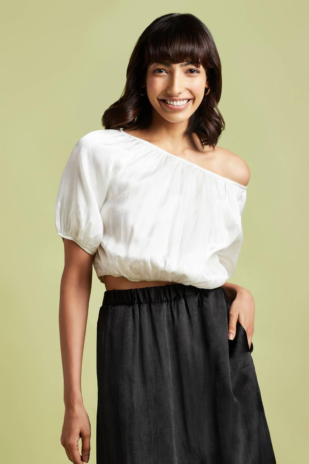 Anabela Oyster White One Shoulder Crop Top - QUERATED