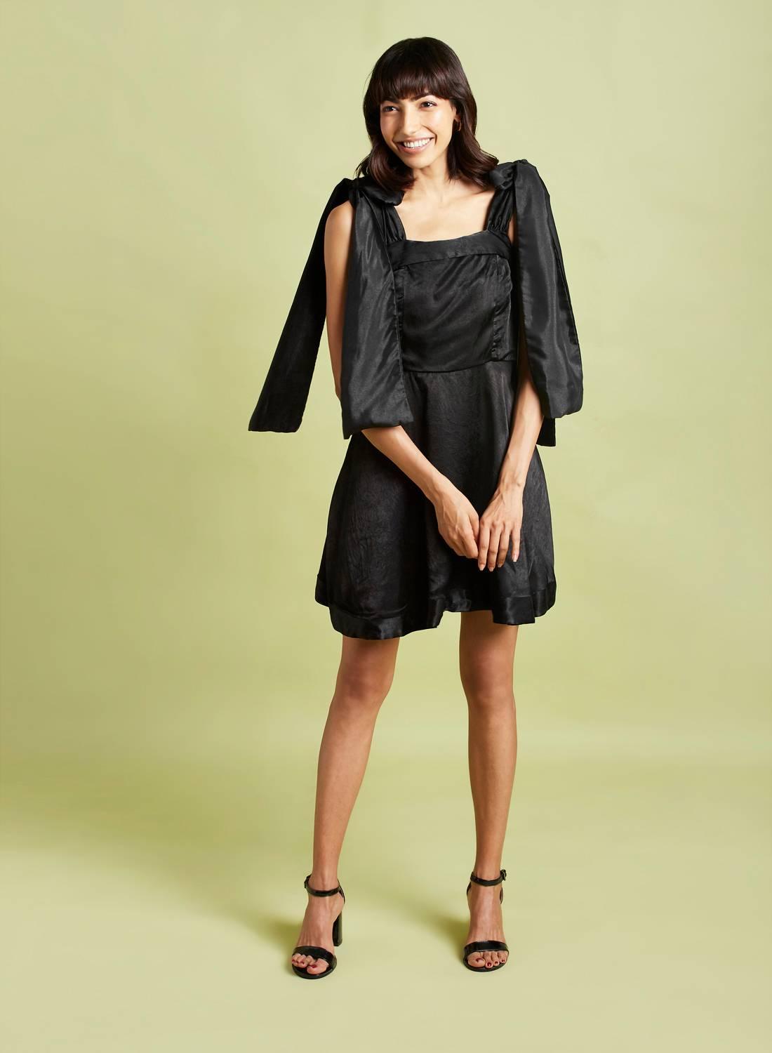 Isabela Midnight Black Bow tie-up Dress - QUERATED