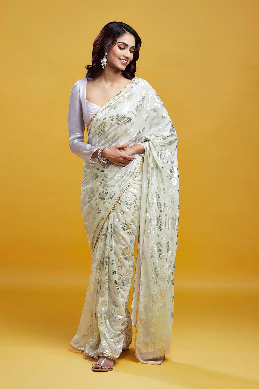 White & Silver Barfi Saree - QUERATED