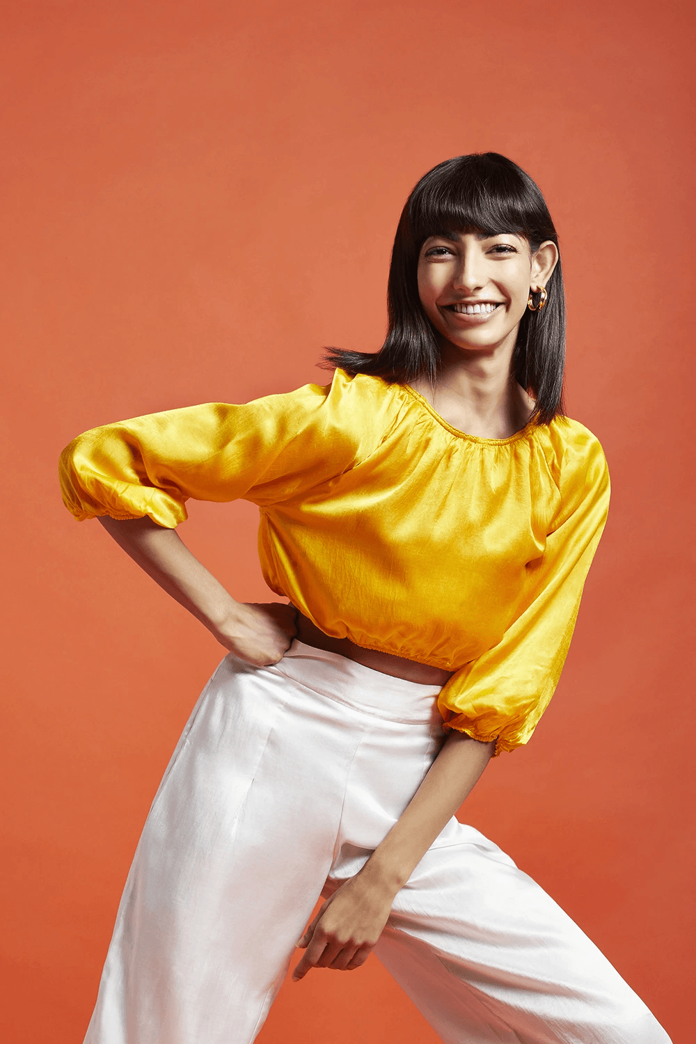 Diana Spicy Mustard Bubble Sleeve Crop Top - QUERATED