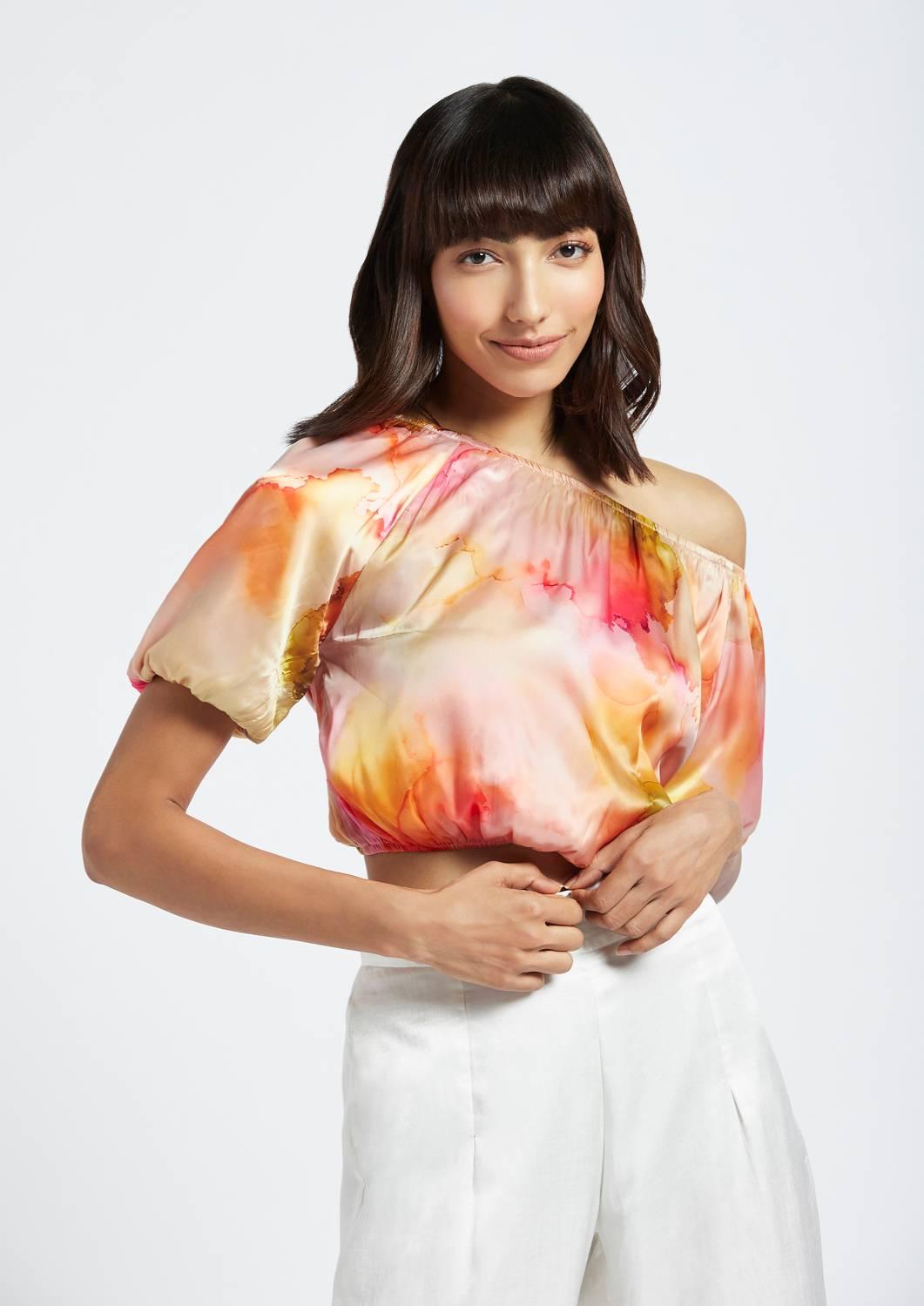 Anabela Printed One Shoulder Crop Top - QUERATED