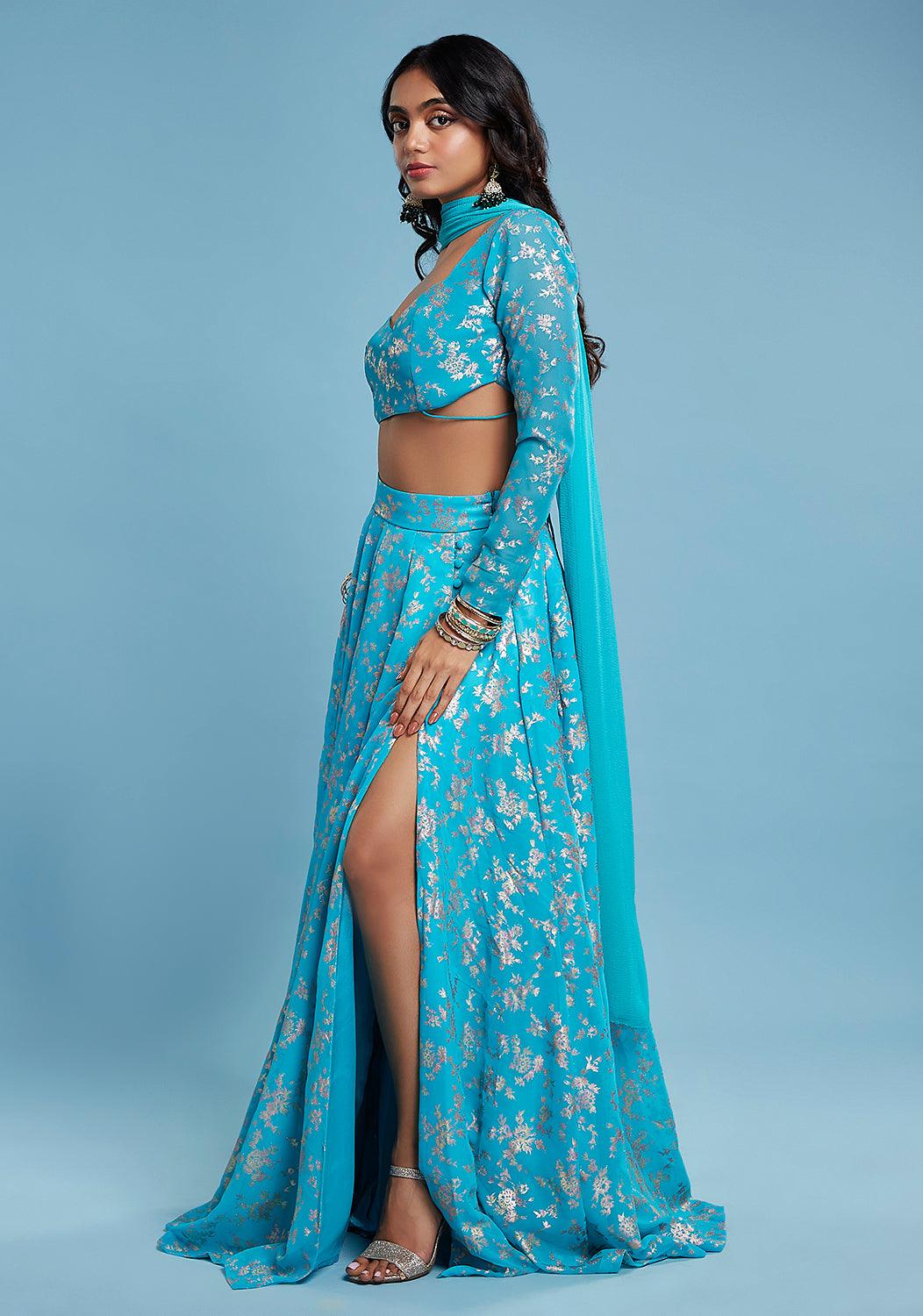 Turquoise Backless Lehenga Set - QUERATED