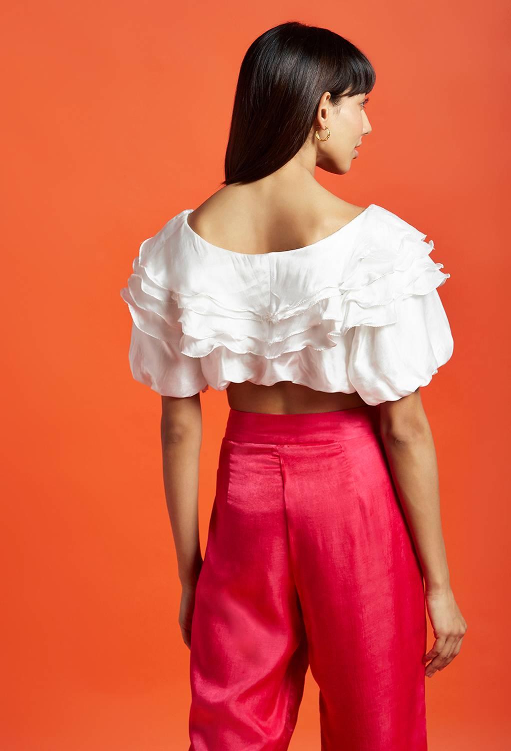 Estela Oyster White Layered Offshoulder Crop Top - QUERATED