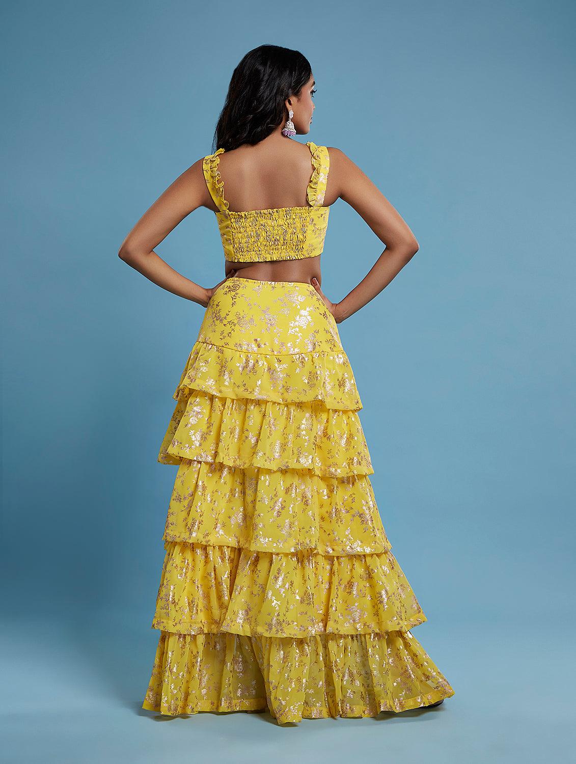 Yellow Full Sleeve Ruffle Lehenga Set - QUERATED