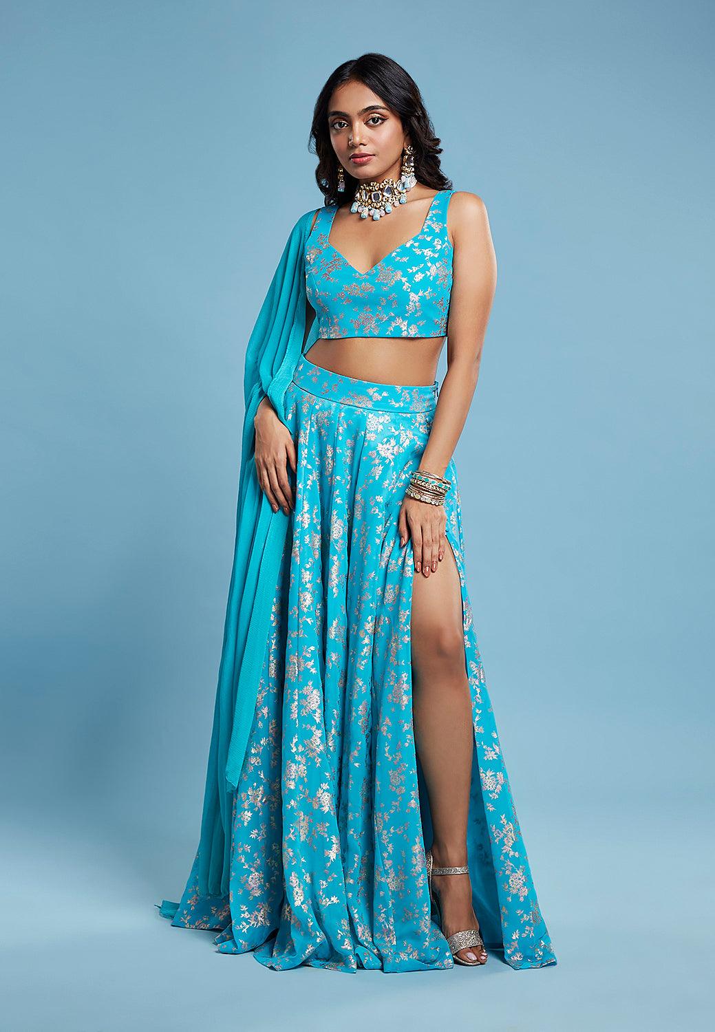 Turquoise Sleeveless Lehenga Set - QUERATED