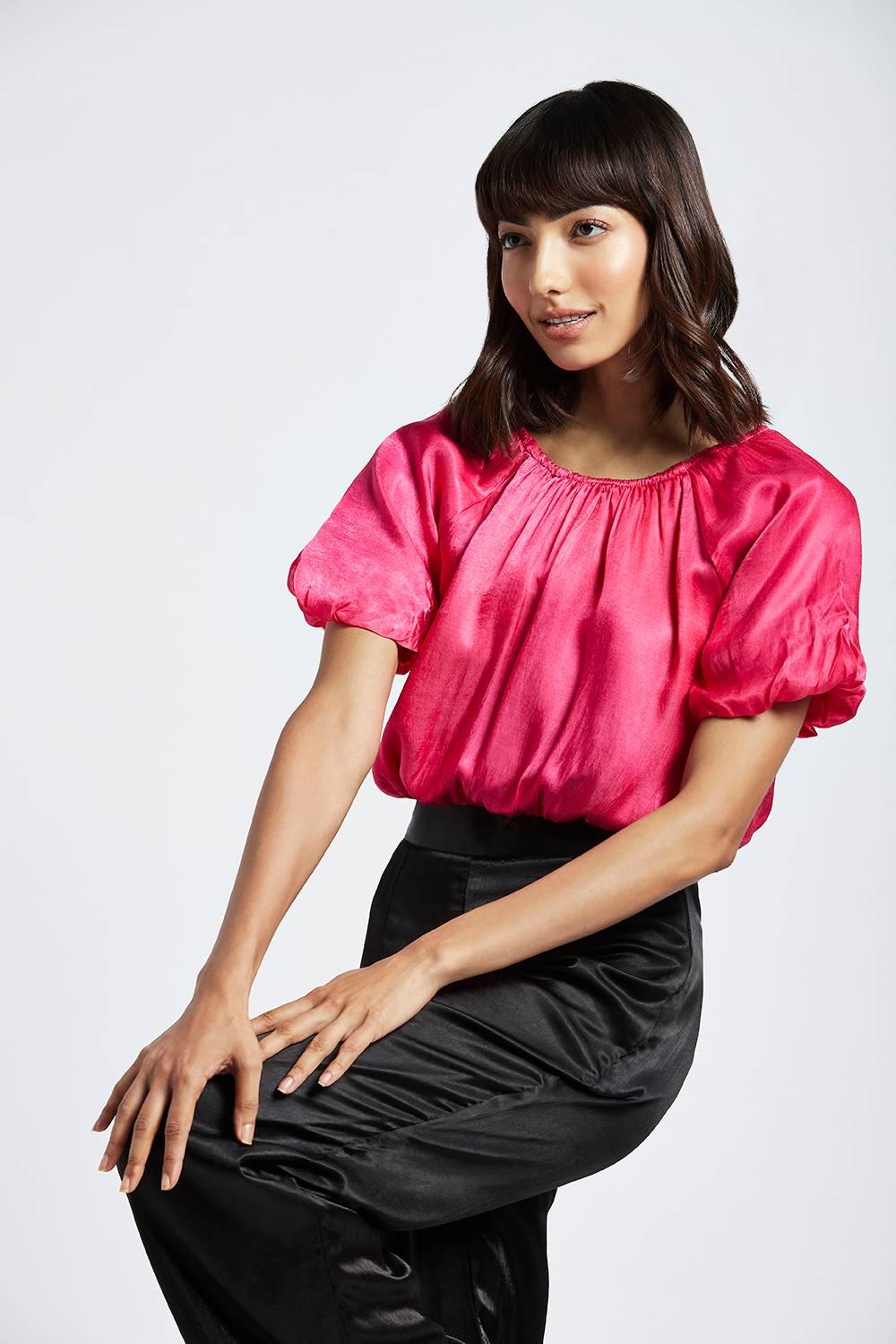 Telma Fuchsia Pink Bubble Sleeve Crop Top - QUERATED